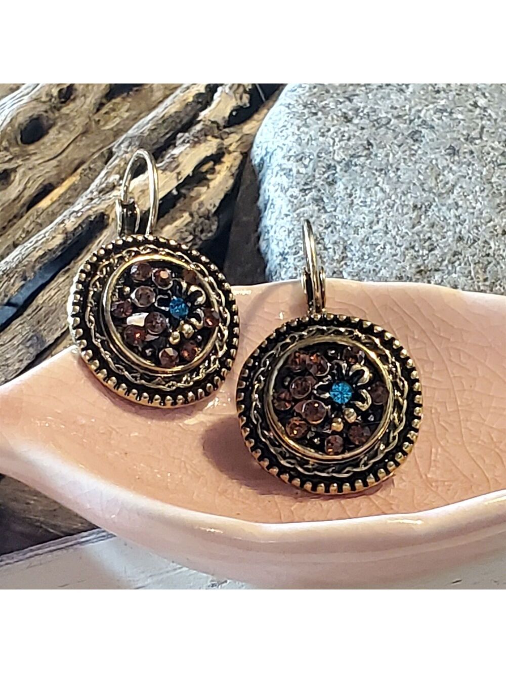 Antique Brass Orange Blue Rhinestone Art Nouveau Style Leverback Earrings